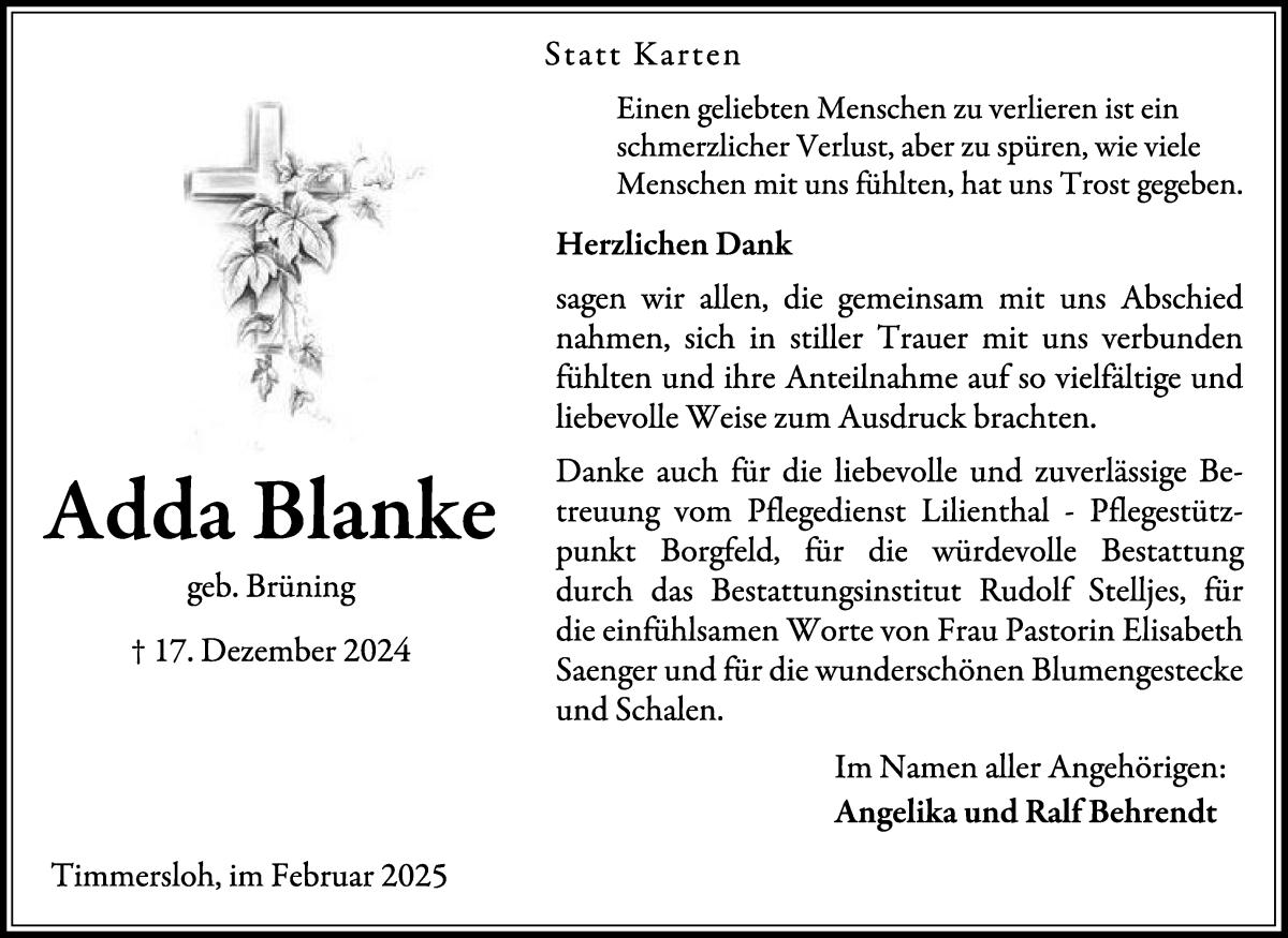 Traueranzeige von Adda Blanke von Wuemme Zeitung