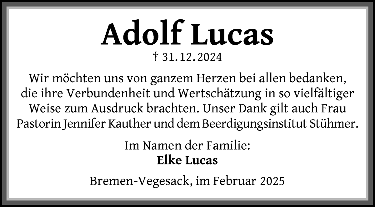 Traueranzeige von Adolf Lucas von Die Norddeutsche