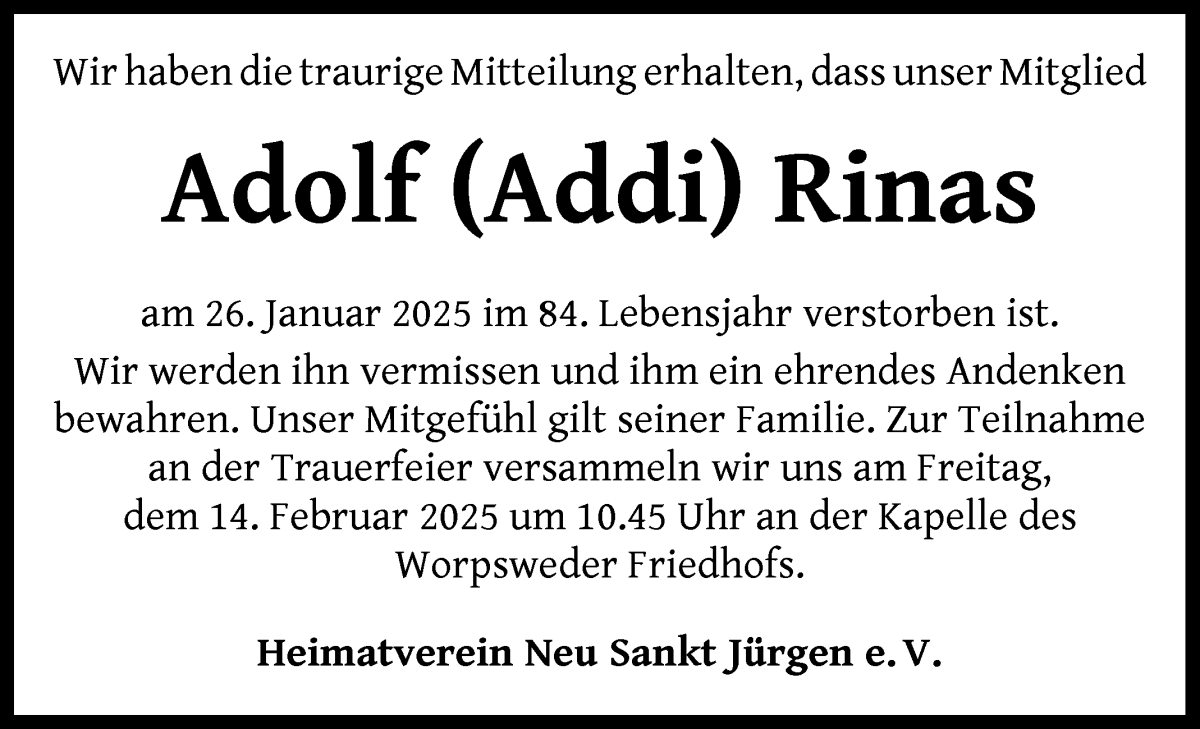 Traueranzeige von Adolf Rinas von Wuemme Zeitung
