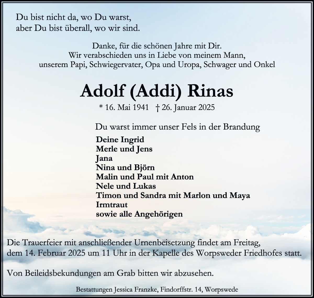 Traueranzeige von Adolf Rinas von Wuemme Zeitung