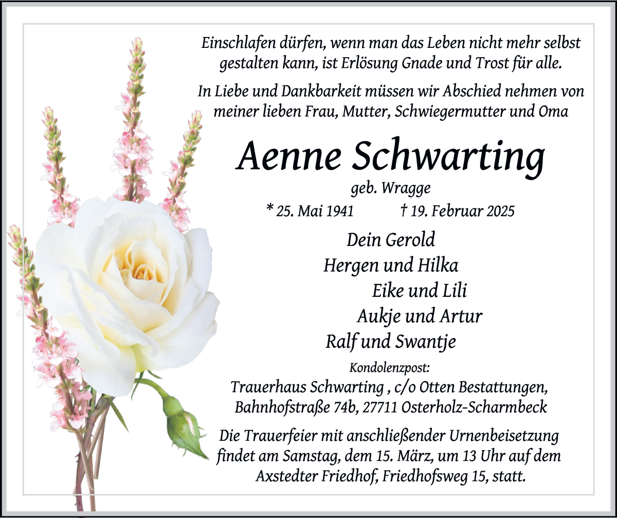 Traueranzeige von Aenne Schwarting von Osterholzer Kreisblatt
