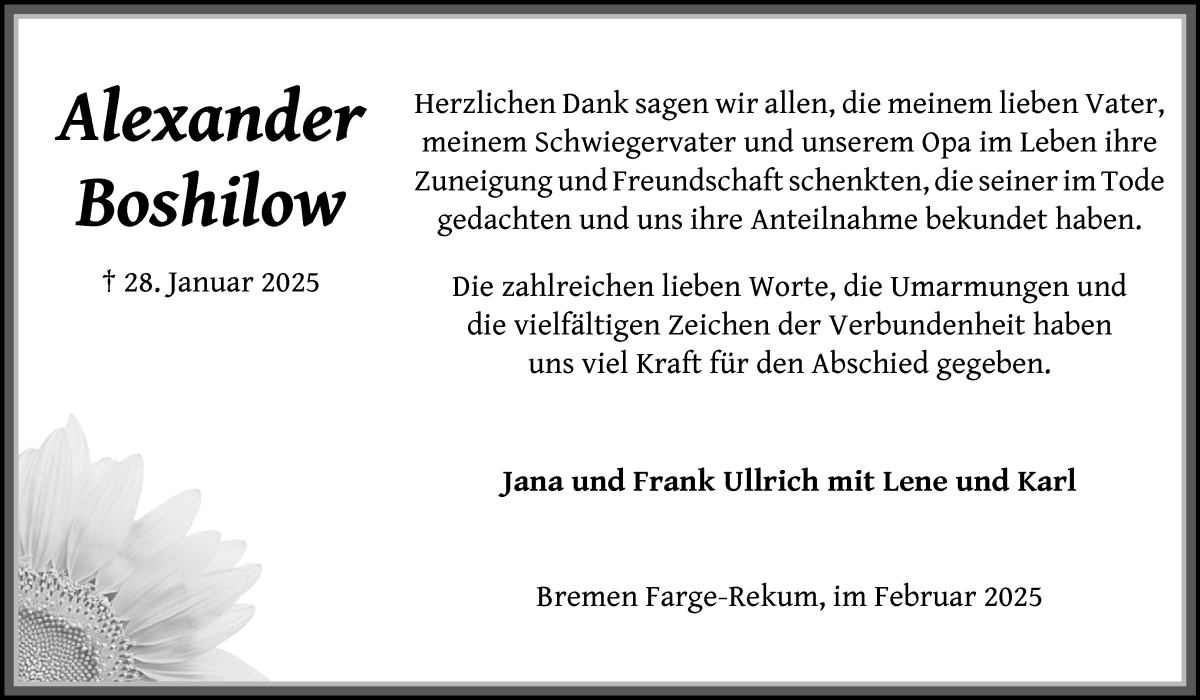 Traueranzeige von Alexander Boshilow von Die Norddeutsche