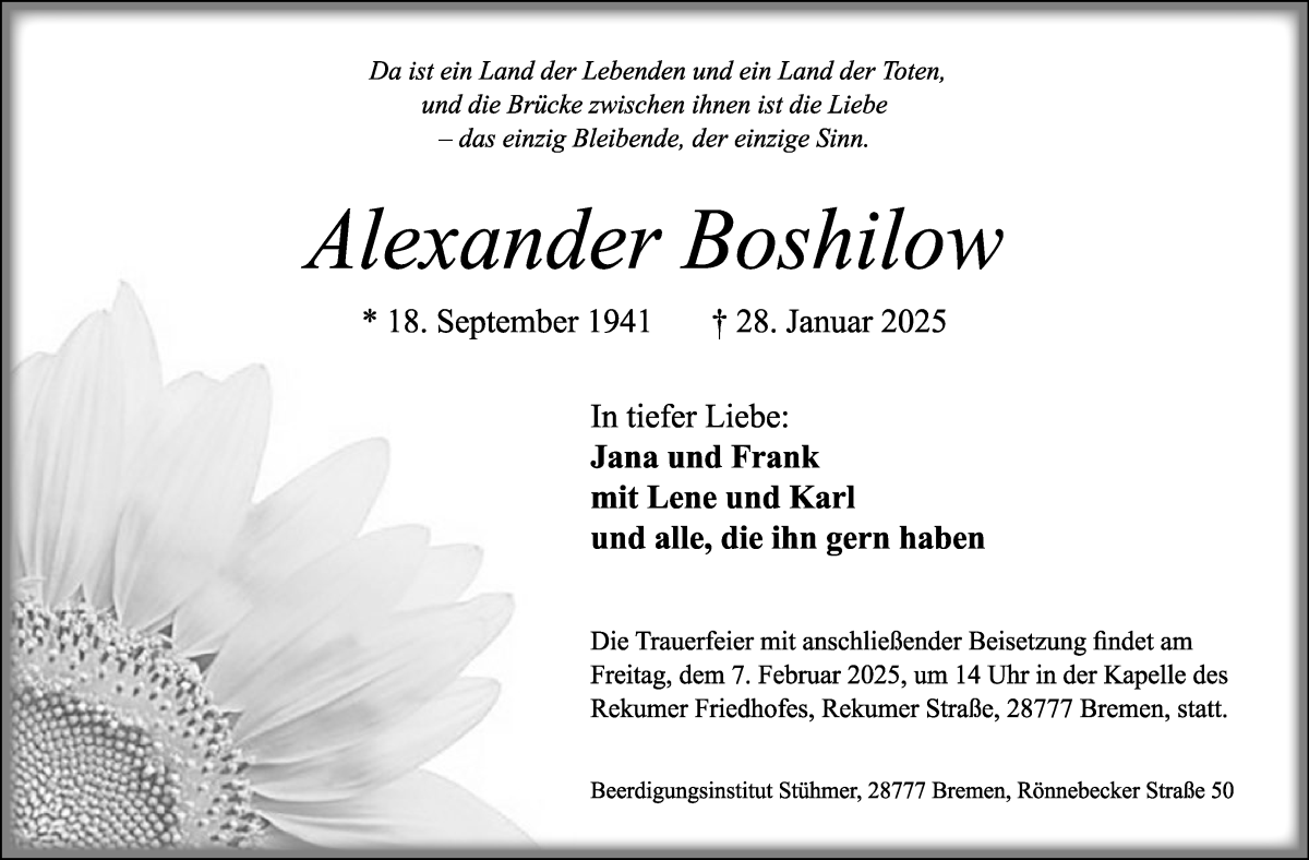 Traueranzeige von Alexander Boshilow von Die Norddeutsche