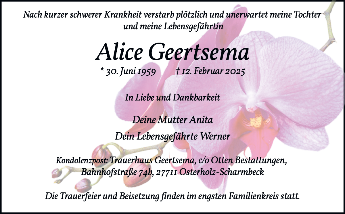 Traueranzeige von Alice Geertsema von Osterholzer Kreisblatt