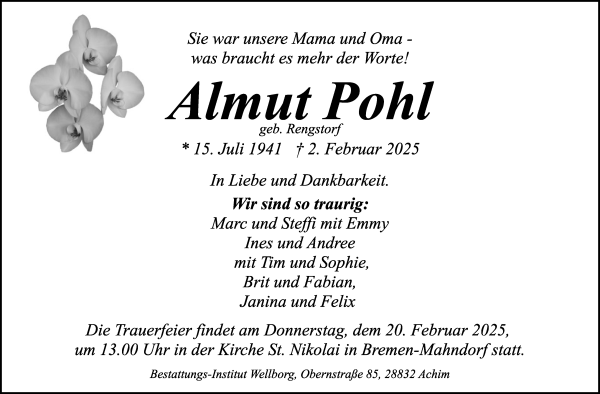 Traueranzeige von Almut Pohl von WESER-KURIER