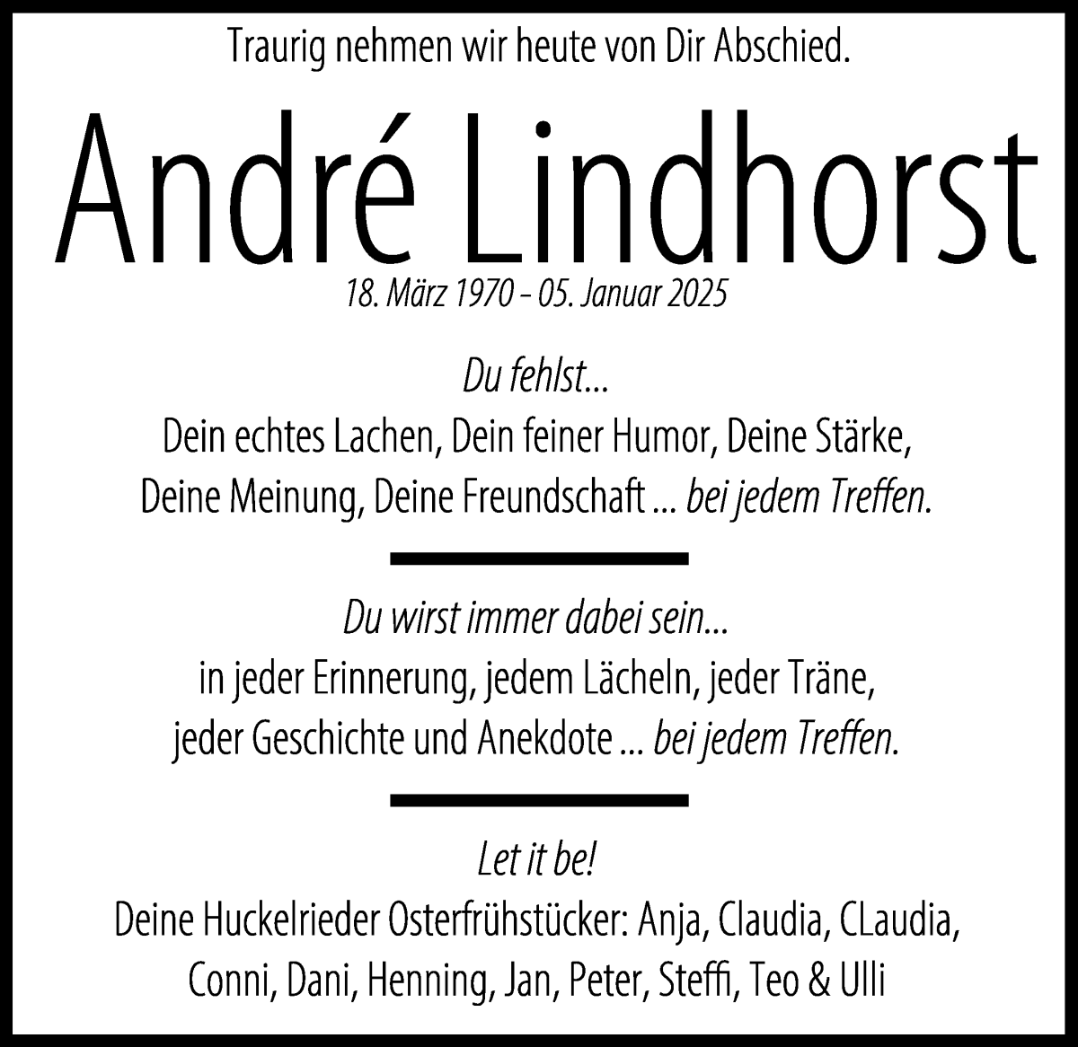 Traueranzeige von Andre Lindhorst von WESER-KURIER