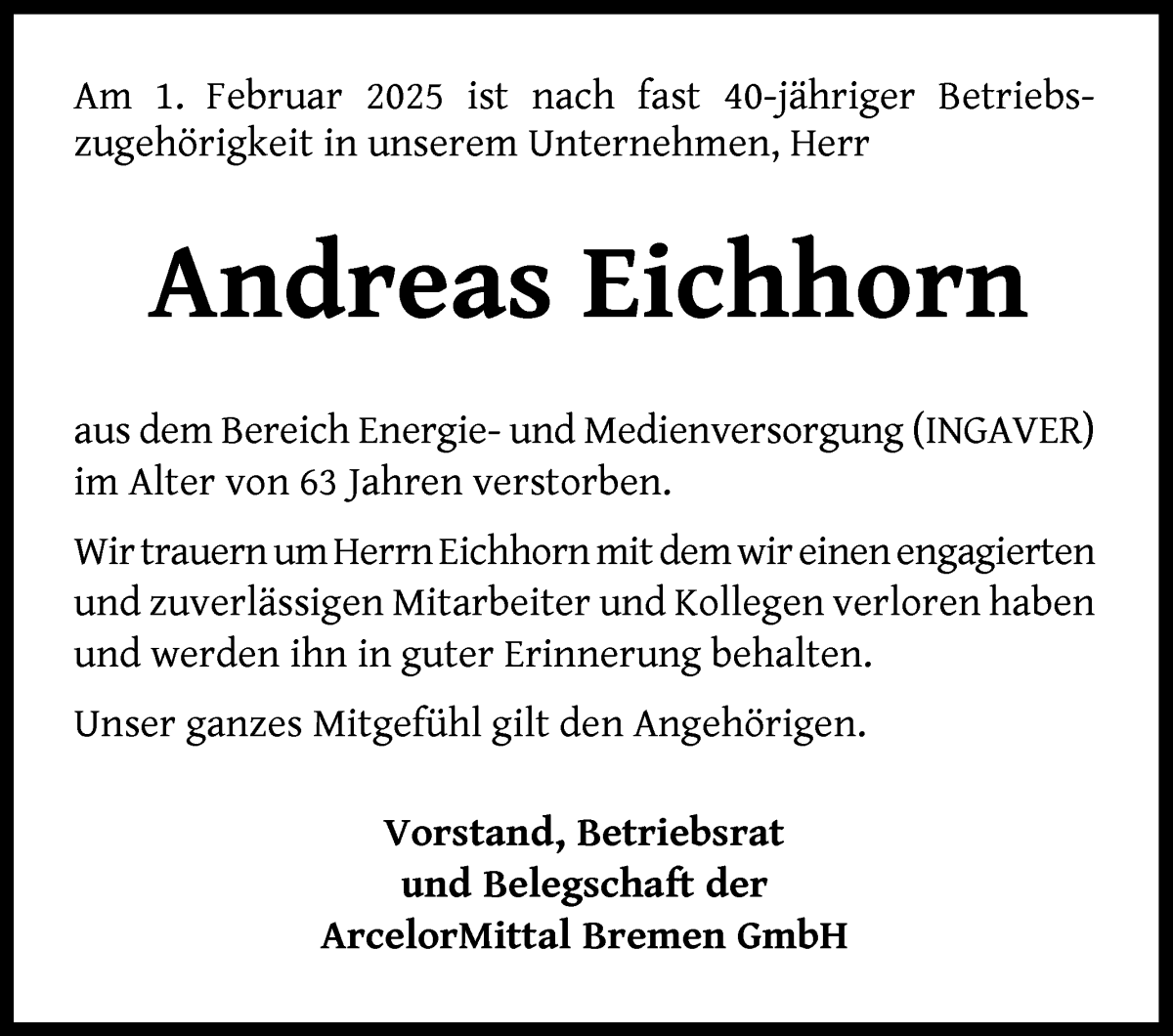 Traueranzeige von Andreas Eichhorn von WESER-KURIER
