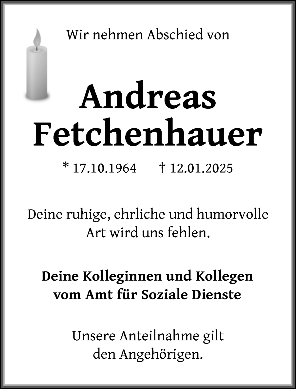 Traueranzeige von Andreas Fetchenhauer von WESER-KURIER