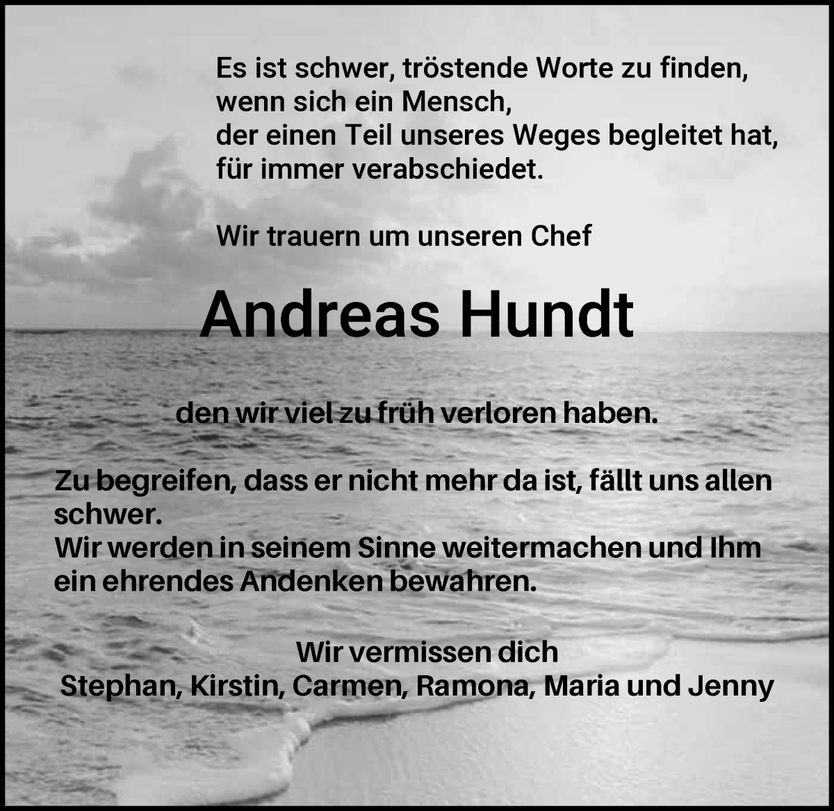 Traueranzeige von Andreas Hundt von WESER-KURIER