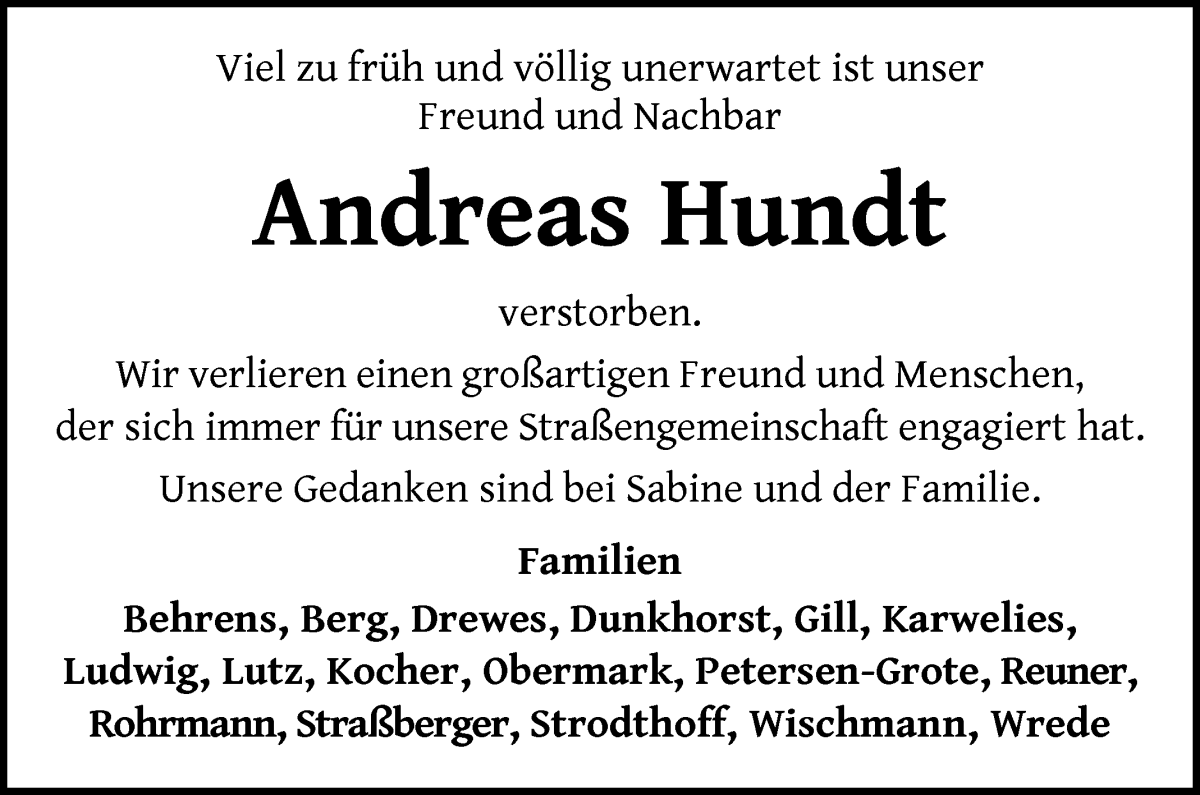Traueranzeige von Andreas Hundt von WESER-KURIER