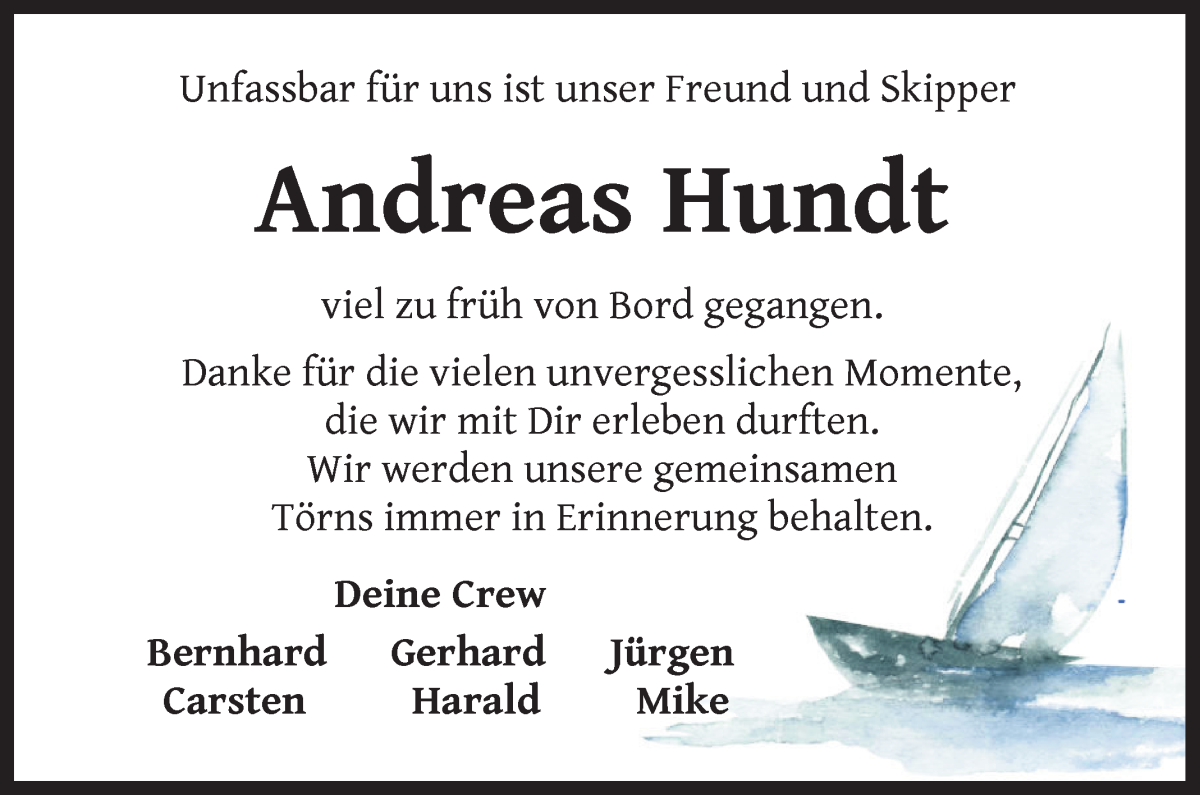 Traueranzeige von Andreas Hundt von WESER-KURIER