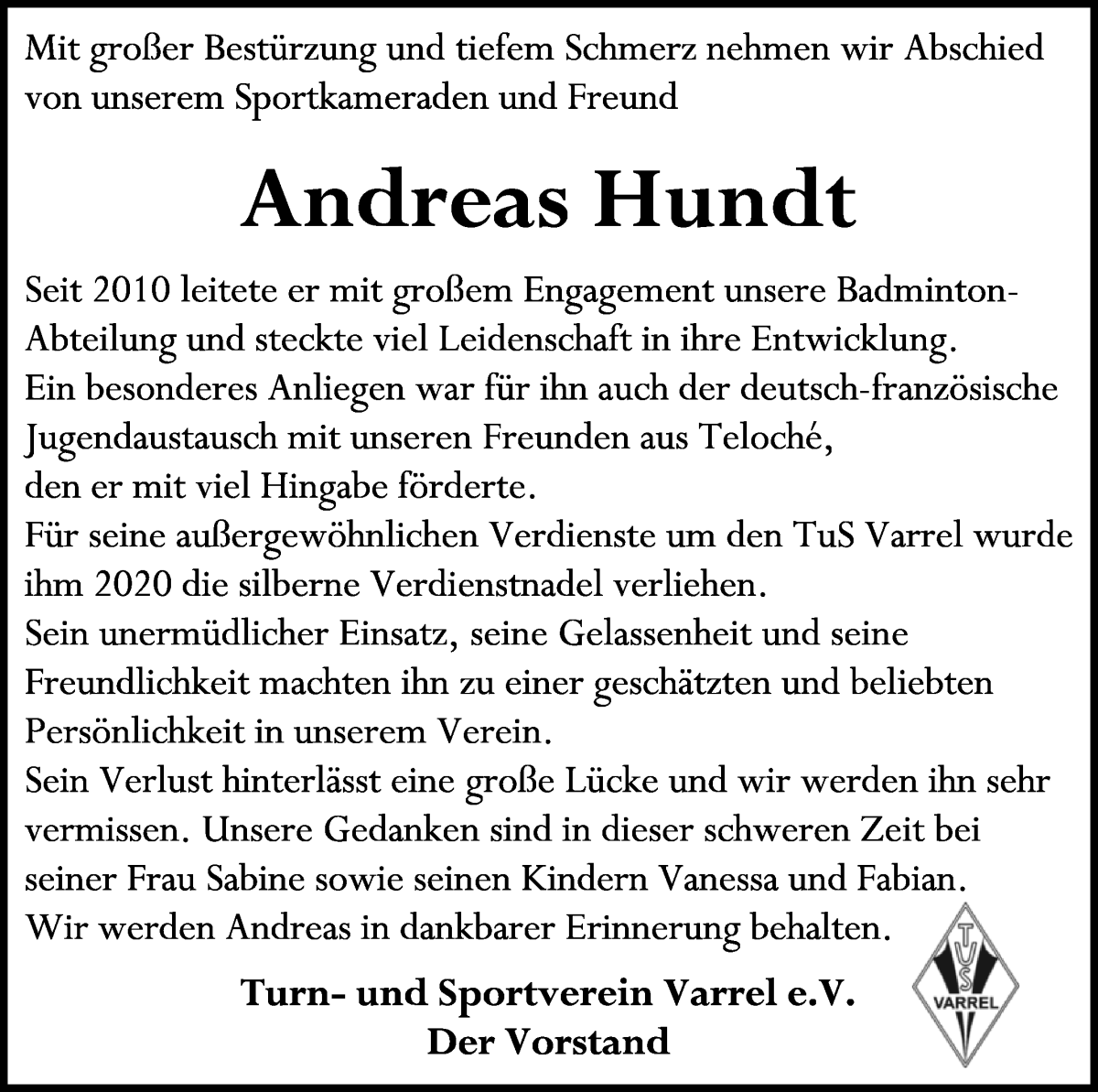 Traueranzeige von Andreas Hundt von Regionale Rundschau/Syker Kurier