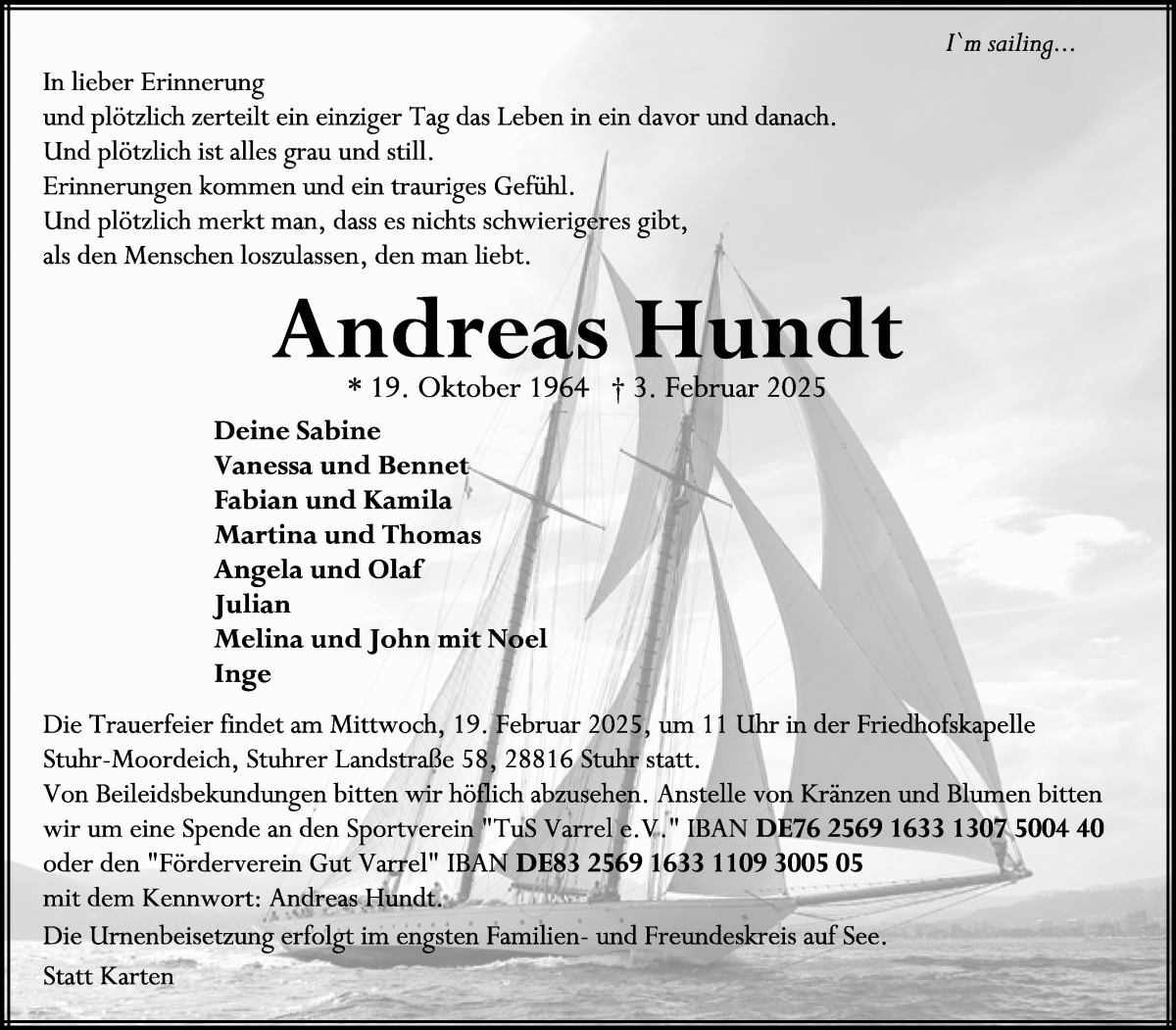 Traueranzeige von Andreas Hundt von WESER-KURIER