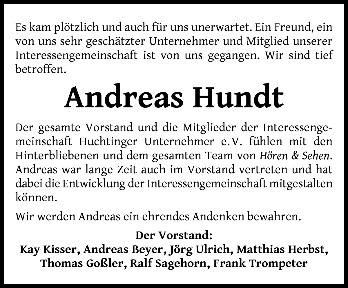 Traueranzeige von Andreas Hundt von WESER-KURIER