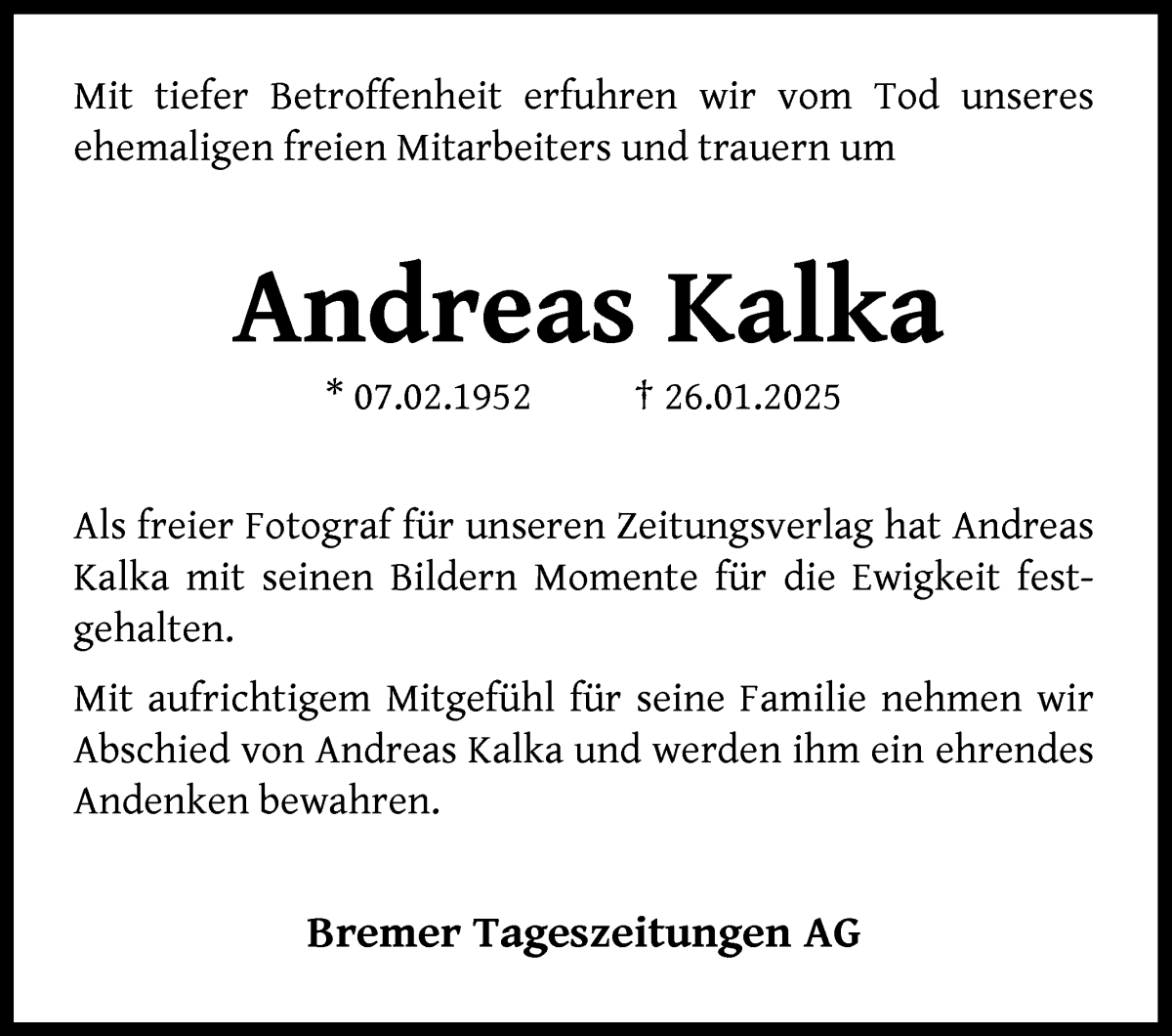 Traueranzeige von Andreas Kalka von WESER-KURIER