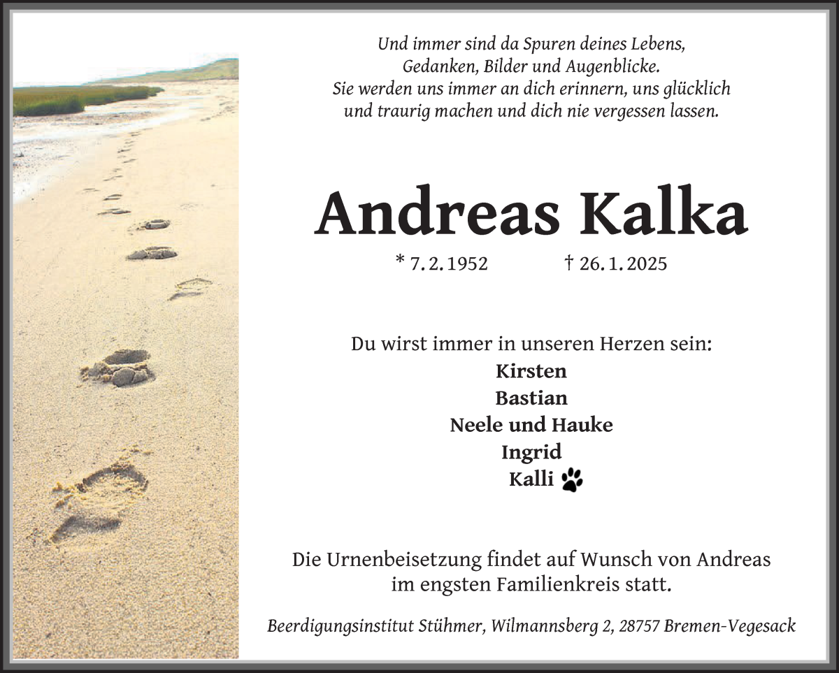 Traueranzeige von Andreas Kalka von WESER-KURIER