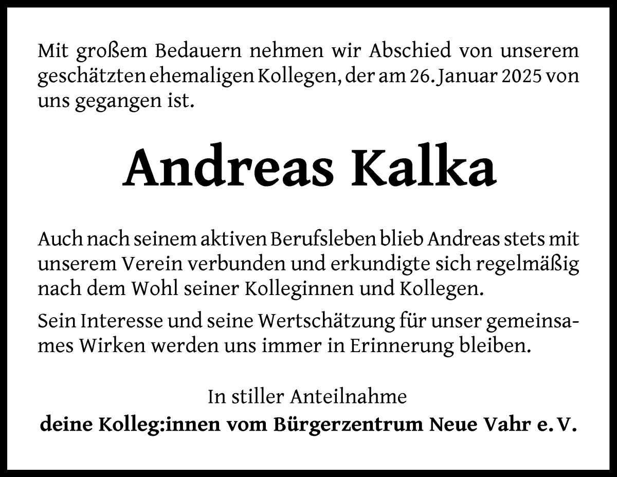 Traueranzeige von Andreas Kalka von WESER-KURIER
