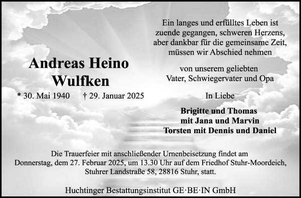 Traueranzeige von Andreas Heino Wulfken von WESER-KURIER
