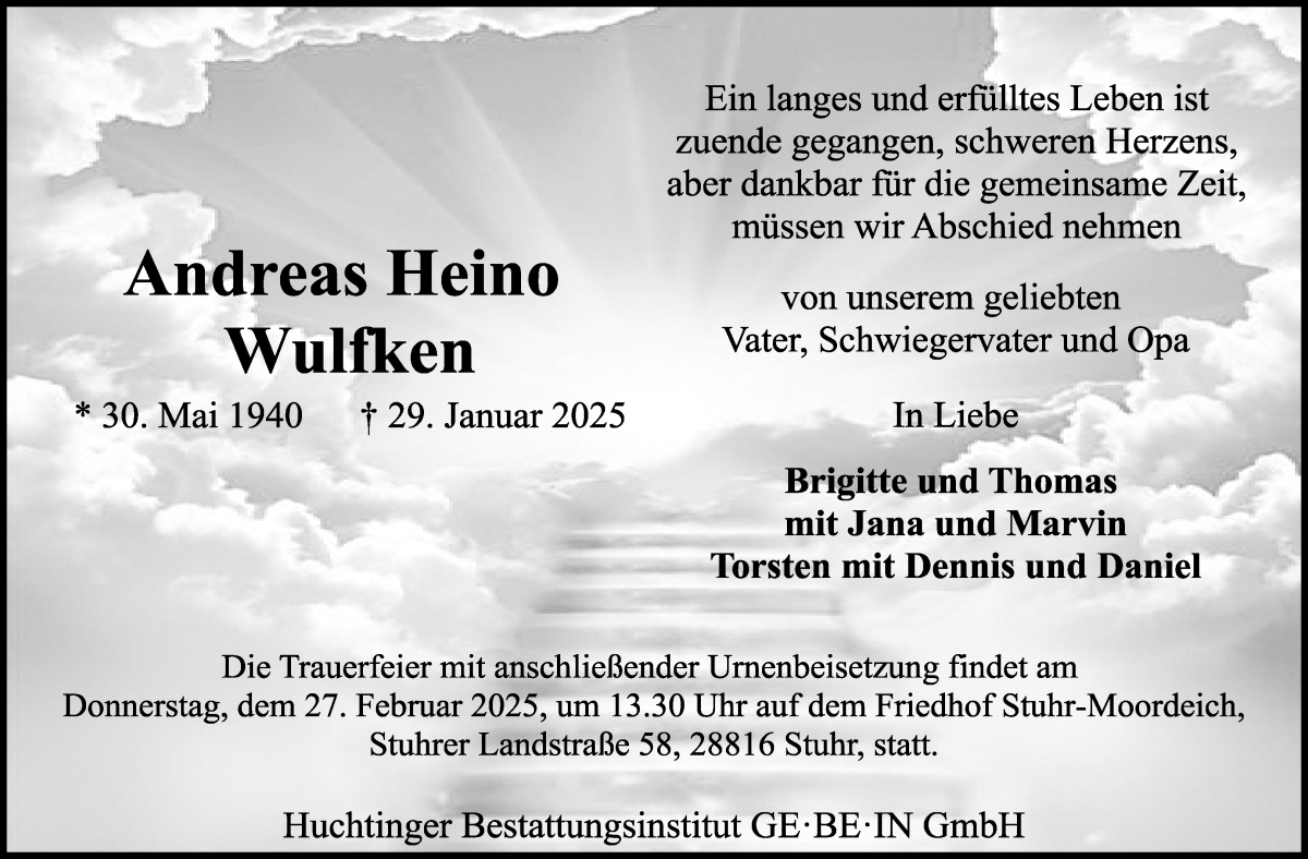 Traueranzeige von Andreas Heino Wulfken von WESER-KURIER