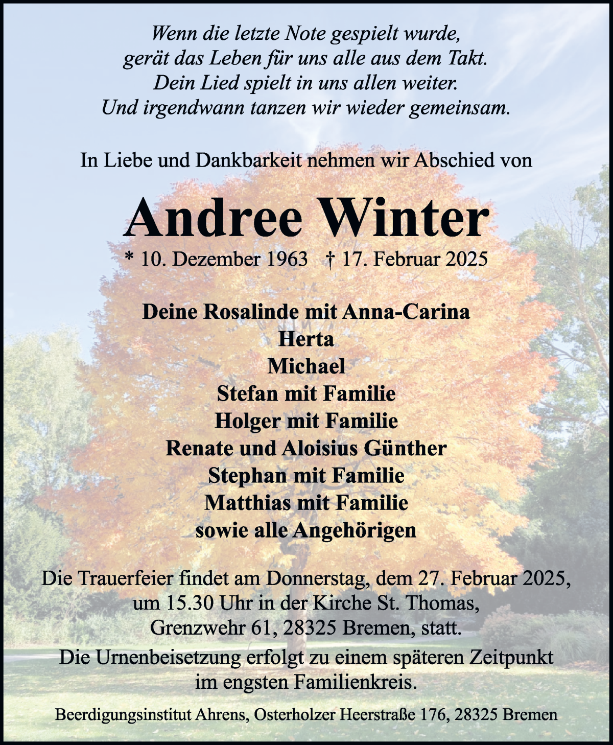 Traueranzeige von Andree Winter von WESER-KURIER