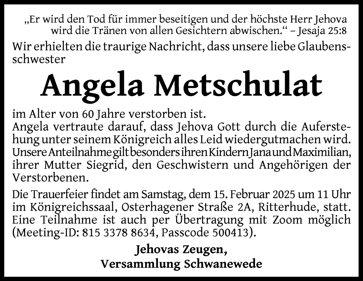 Traueranzeige von Angela Metschulat von Die Norddeutsche
