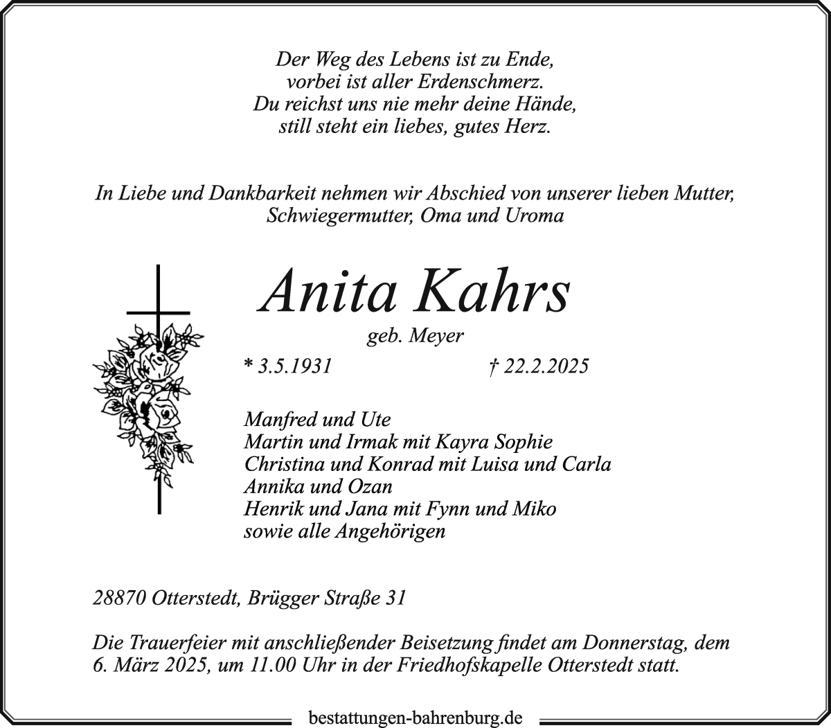 Traueranzeige von Anita Kahrs von WESER-KURIER