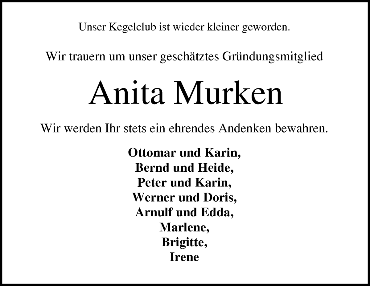 Traueranzeige von Anita Murken von Die Norddeutsche