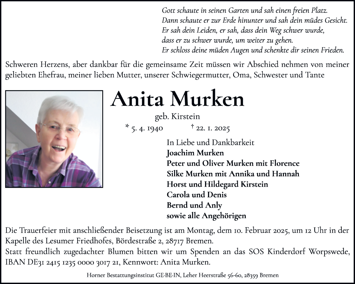 Traueranzeige von Anita Murken von Die Norddeutsche