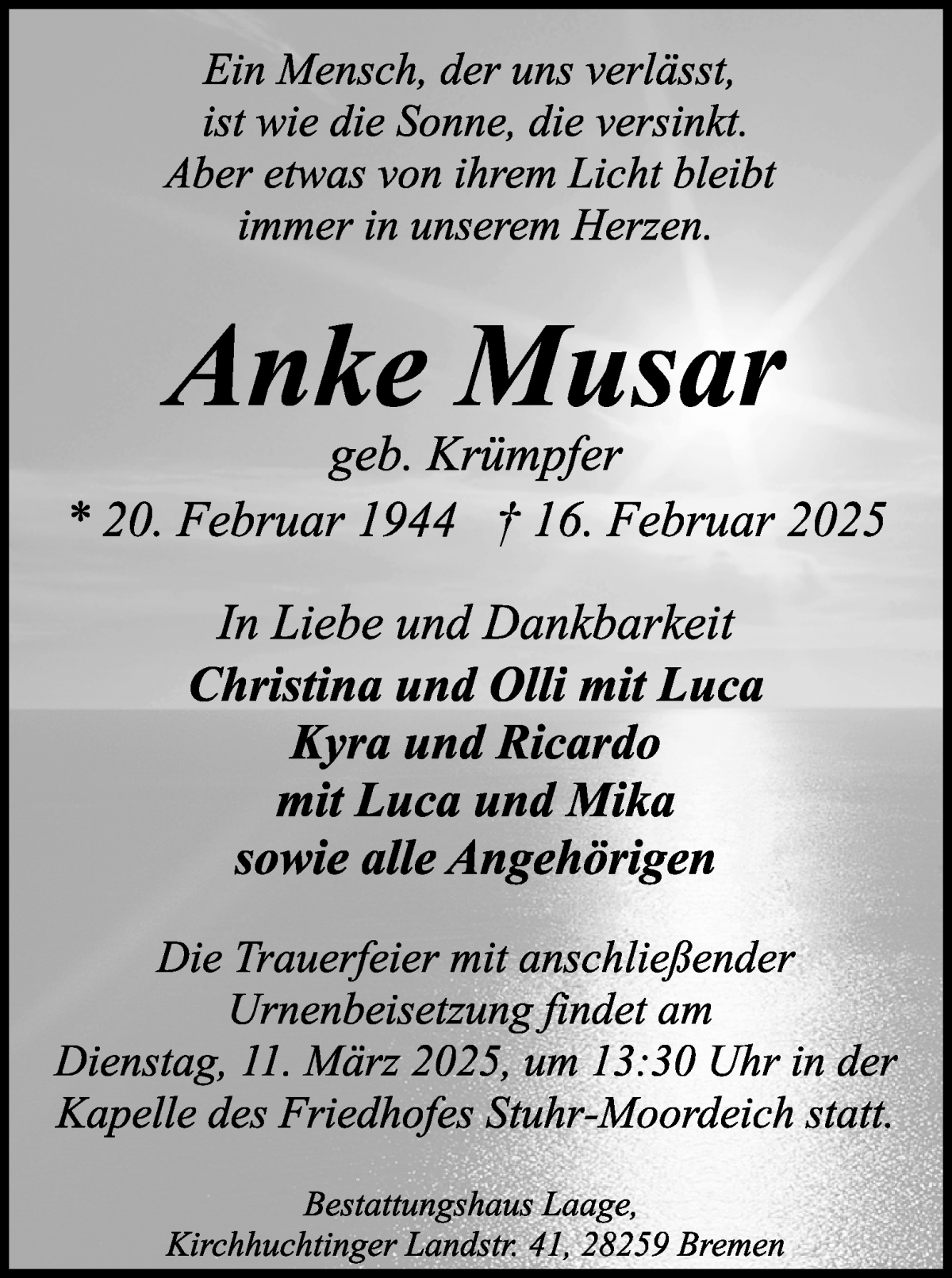 Traueranzeige von Anke Musar von WESER-KURIER