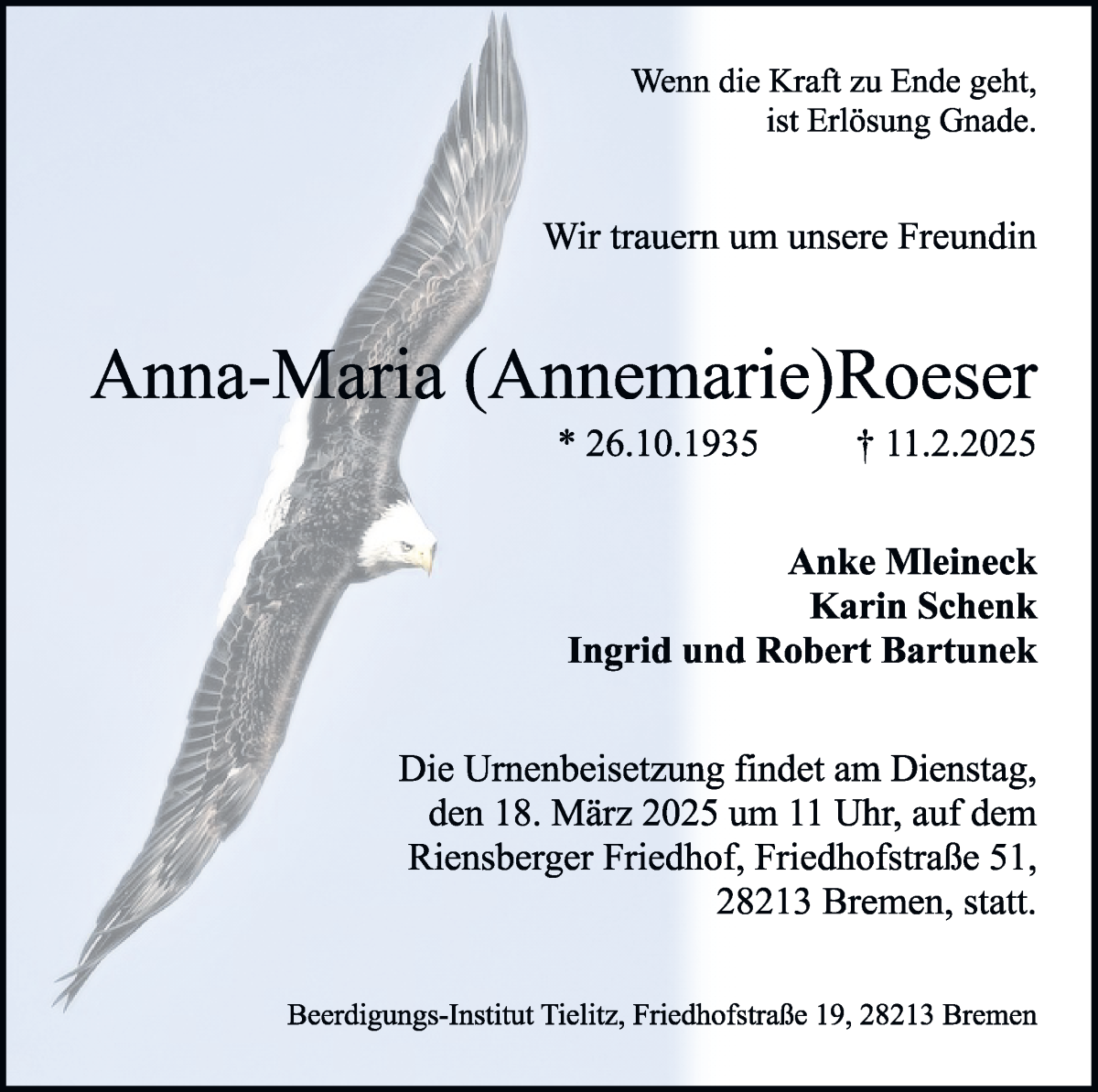 Traueranzeige von Anna-Maria Roeser von WESER-KURIER