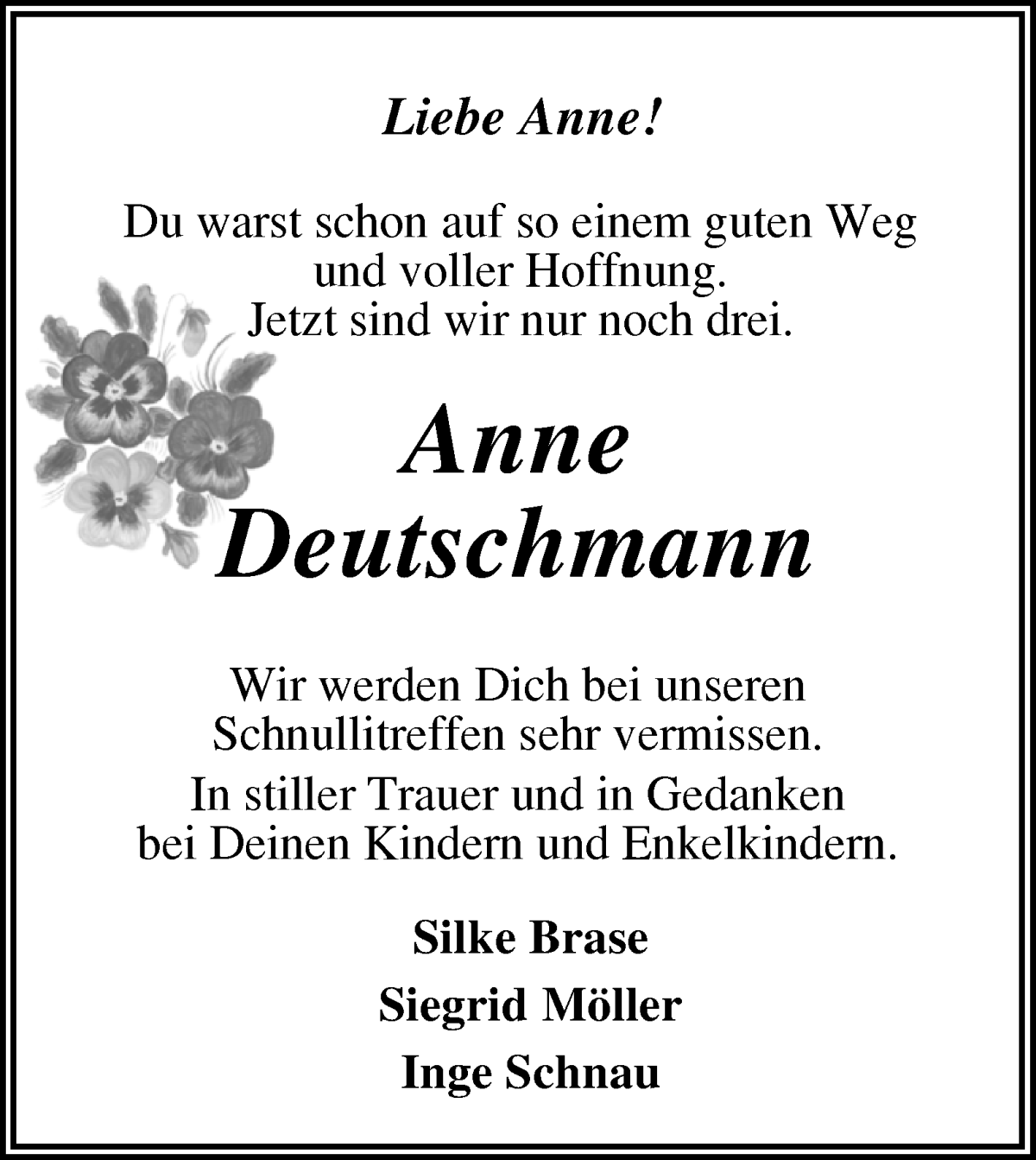 Traueranzeige von Anne Deutschmann von Wuemme Zeitung