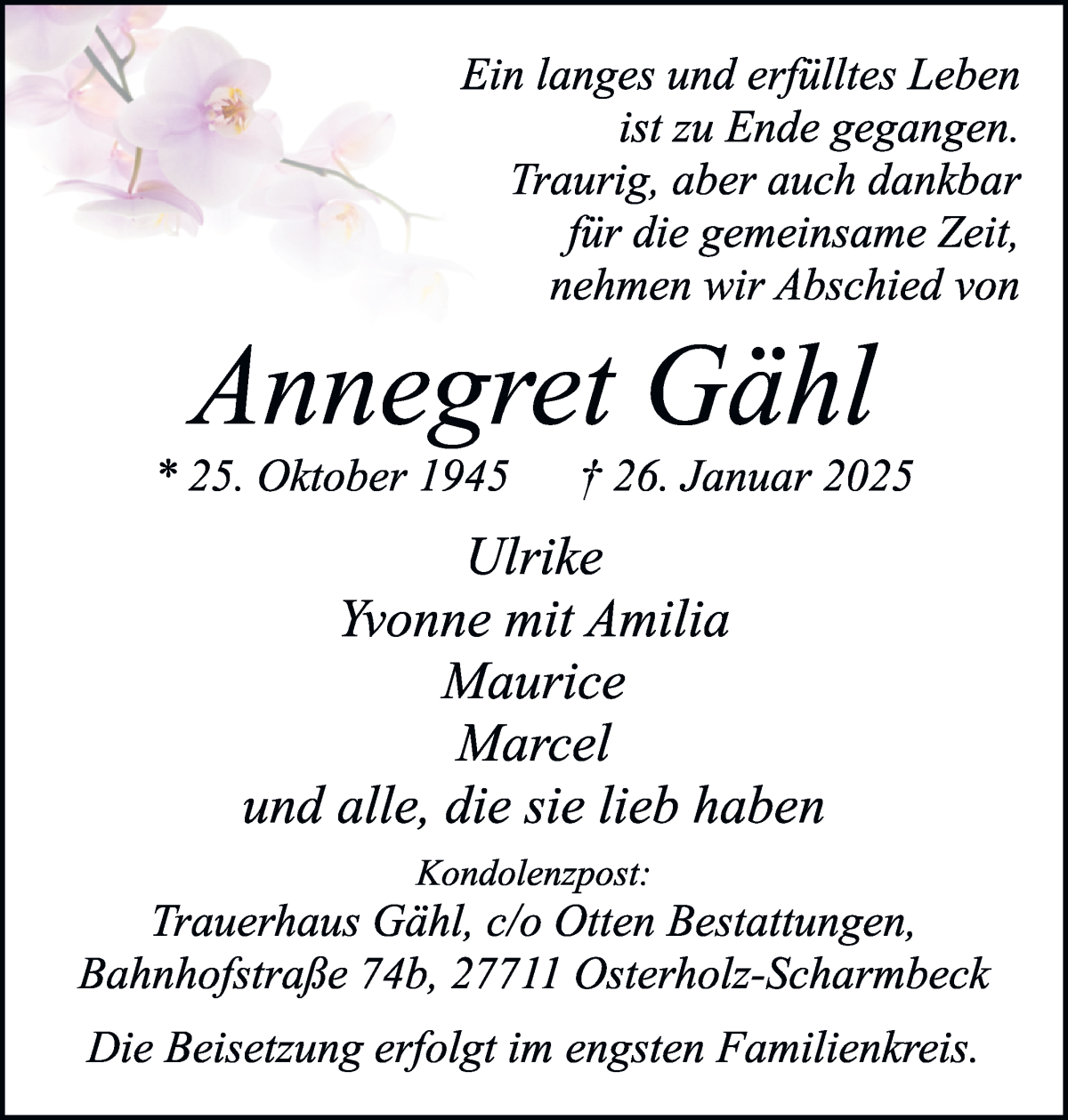 Traueranzeige von Annegret Gähl von Osterholzer Kreisblatt