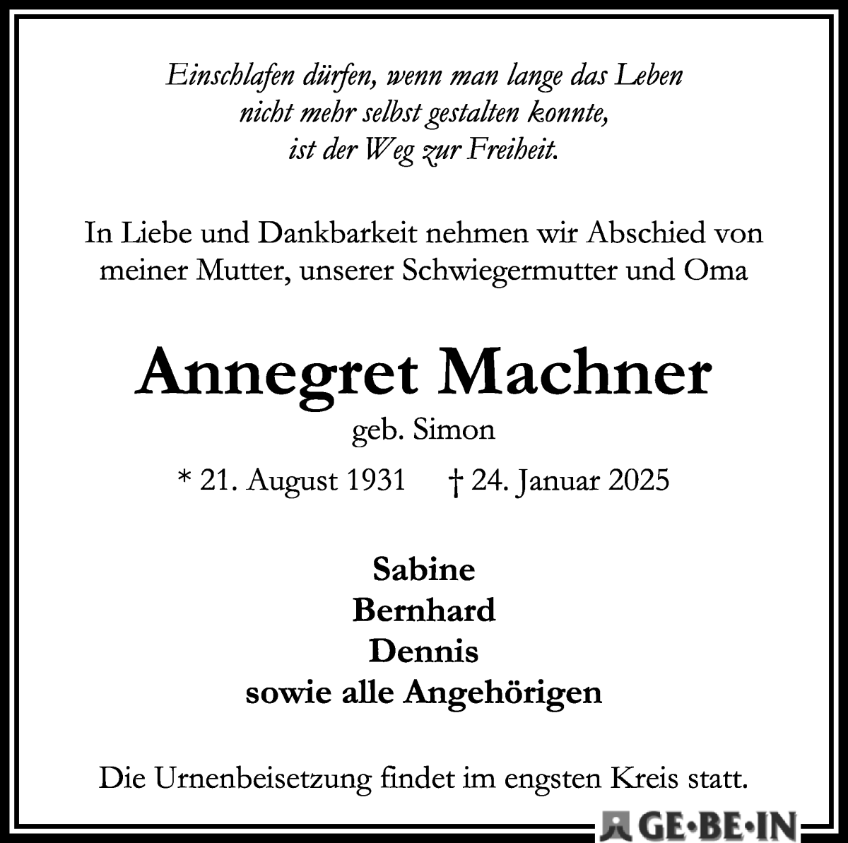 Traueranzeige von Annegret Machner von WESER-KURIER
