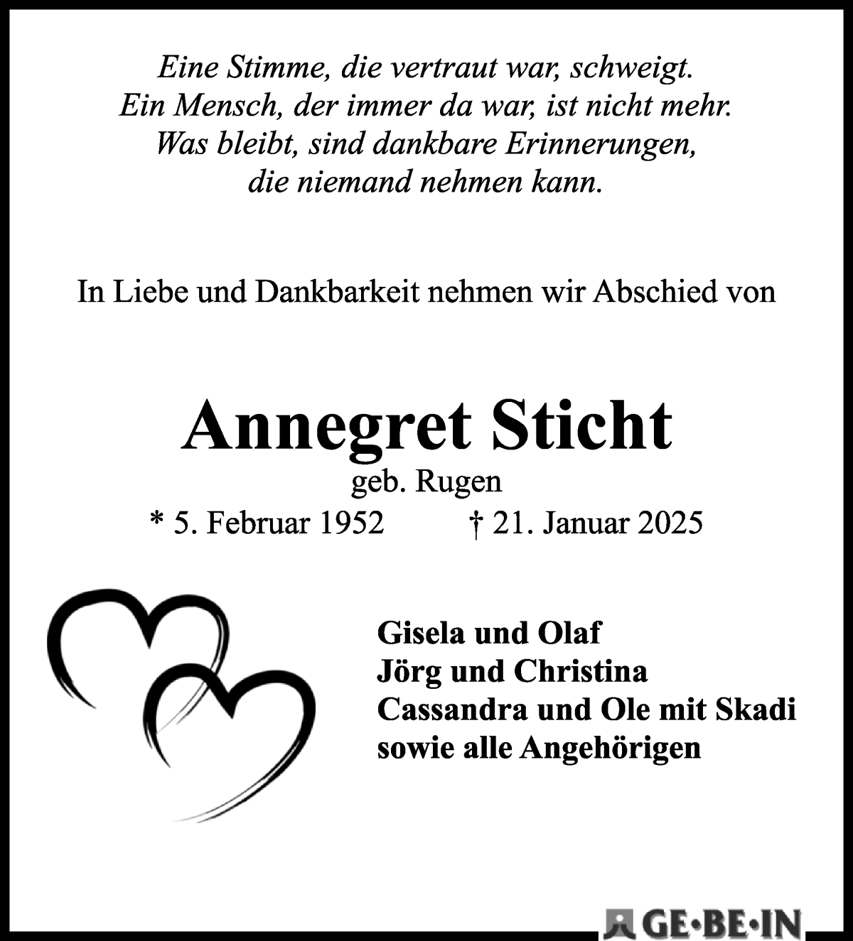 Traueranzeige von Annegret Sticht von WESER-KURIER