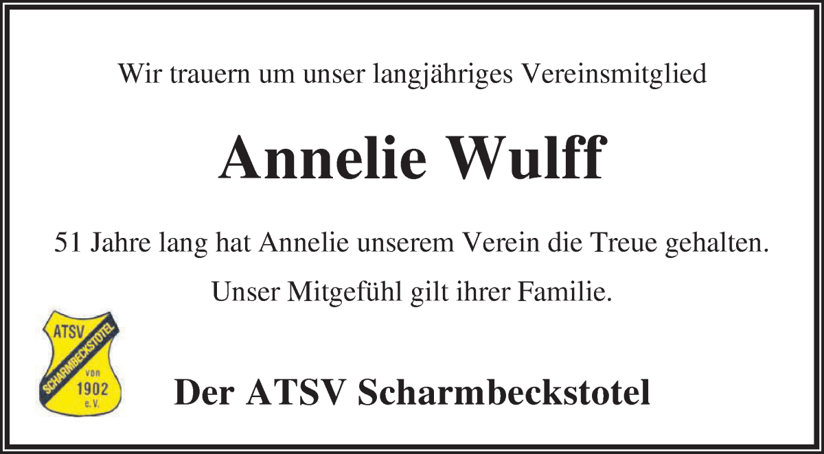 Traueranzeige von Annelie Wulff von Osterholzer Kreisblatt