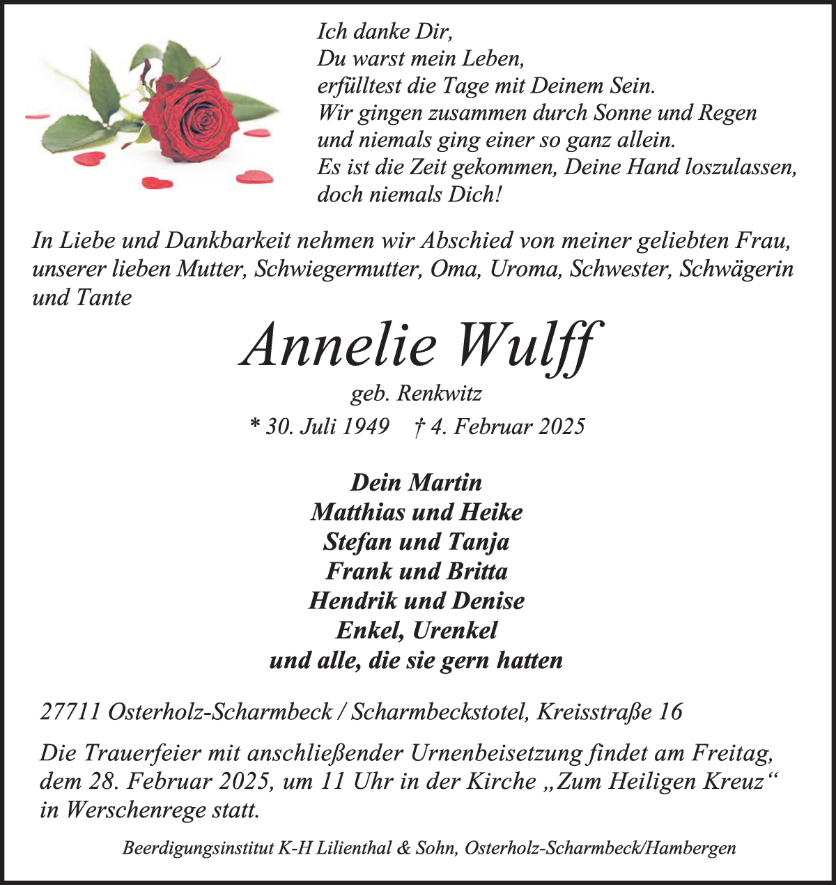 Traueranzeige von Annelie Wulff von Osterholzer Kreisblatt