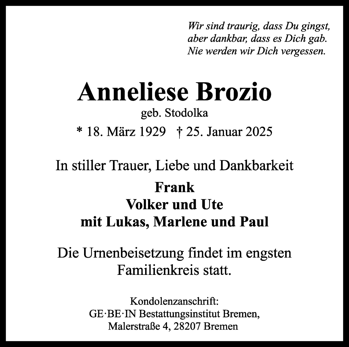 Traueranzeige von Anneliese Brozio von WESER-KURIER