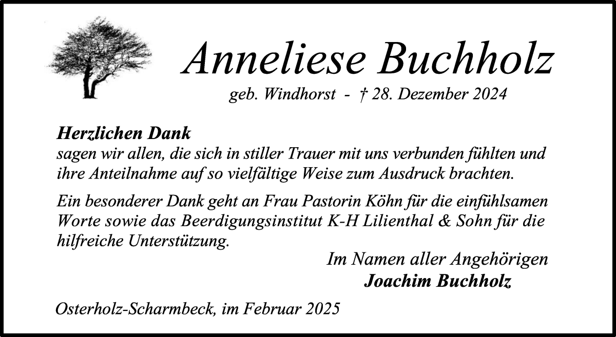 Traueranzeige von Anneliese Buchholz von Osterholzer Kreisblatt