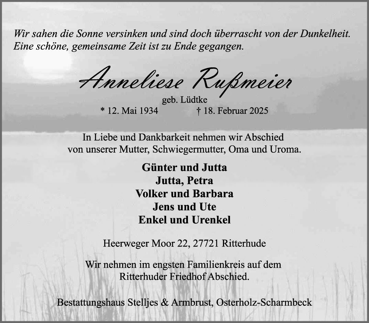 Traueranzeige von Anneliese Rußmeier von Osterholzer Kreisblatt