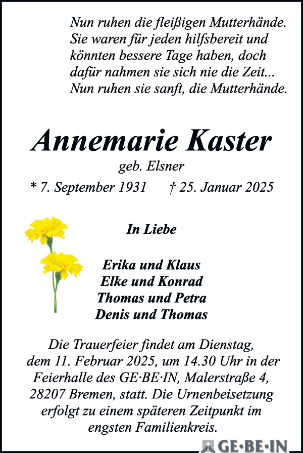 Traueranzeige von Annemarie Kaster von WESER-KURIER