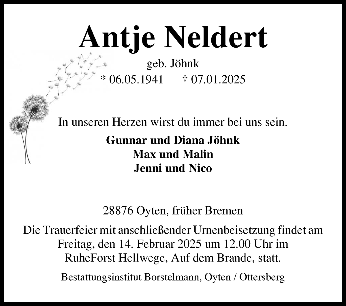 Traueranzeige von Antje Neldert von WESER-KURIER