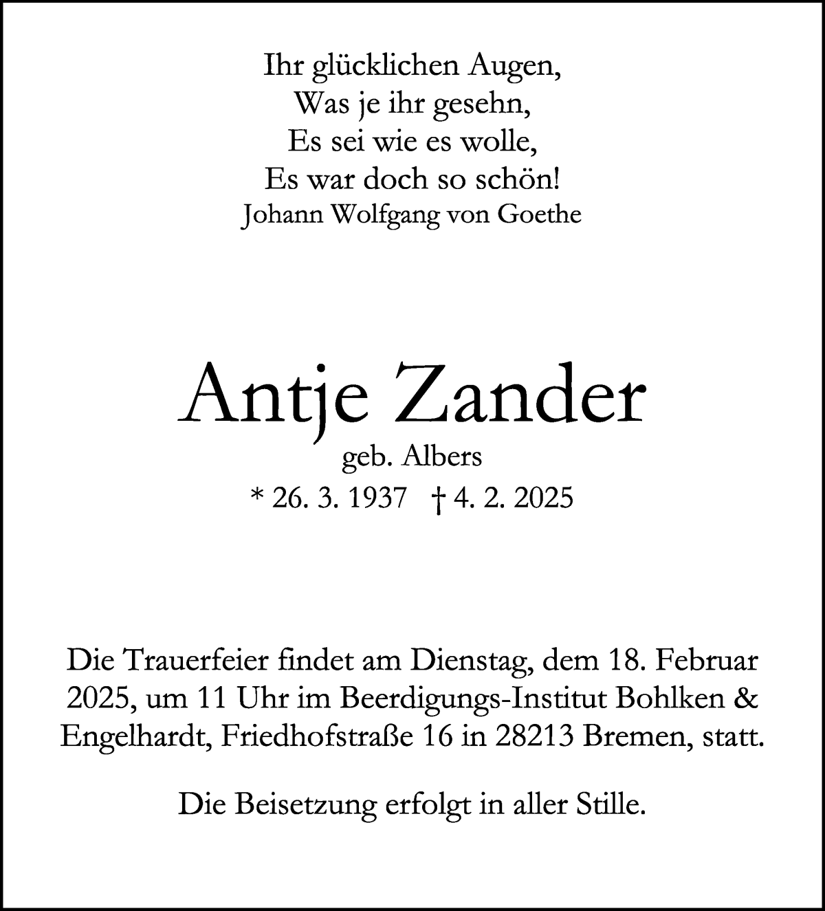 Traueranzeige von Antje Zander von WESER-KURIER