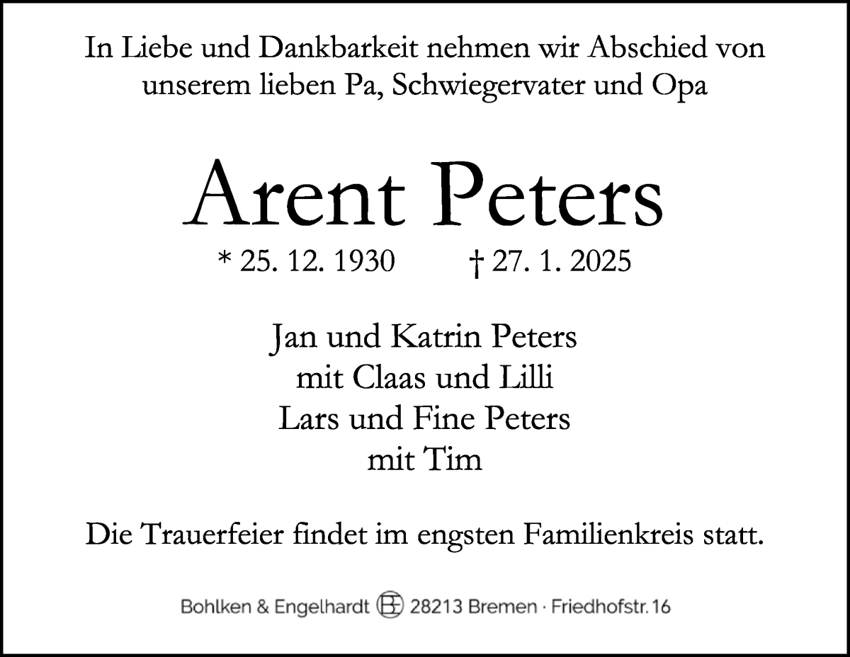 Traueranzeige von Arent Peters von WESER-KURIER