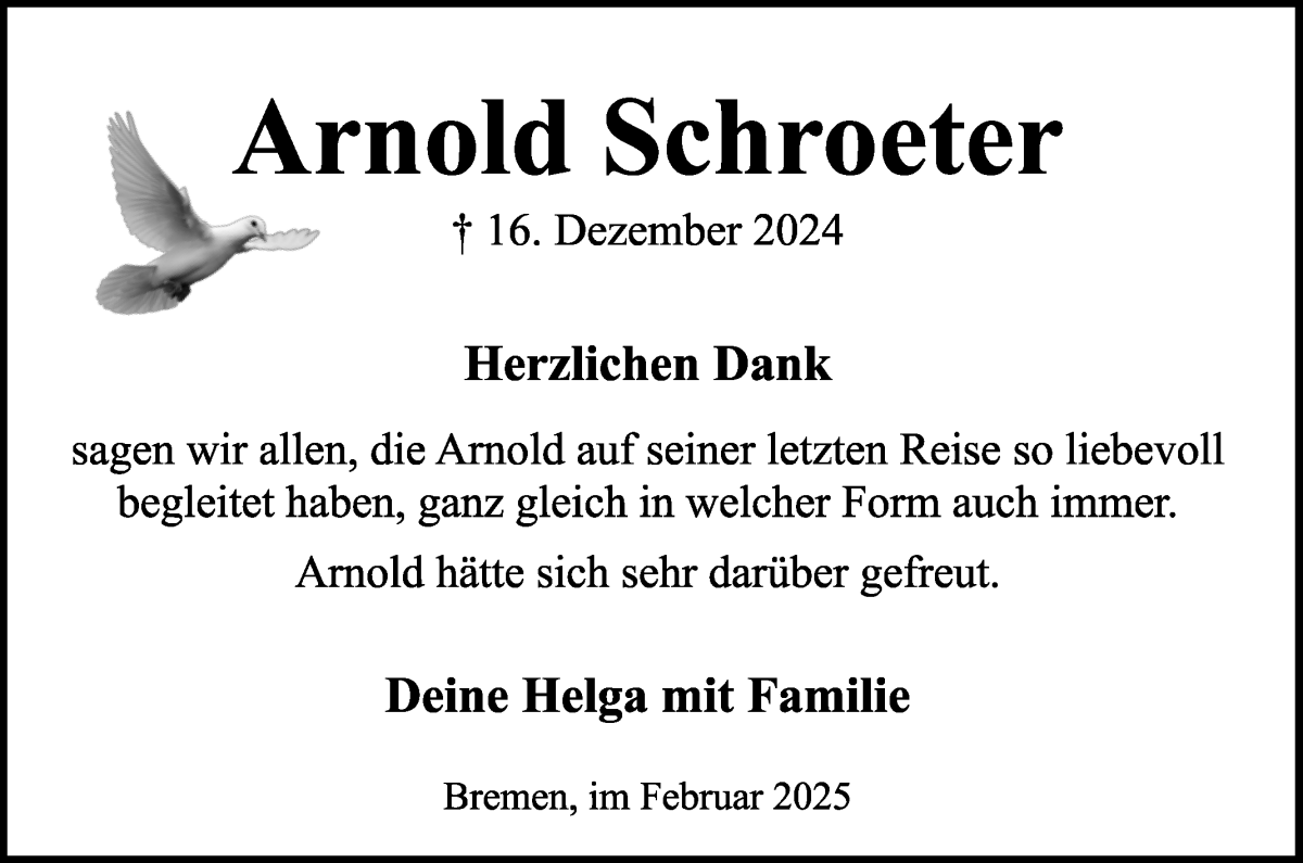 Traueranzeige von Arnold Schroeter von WESER-KURIER