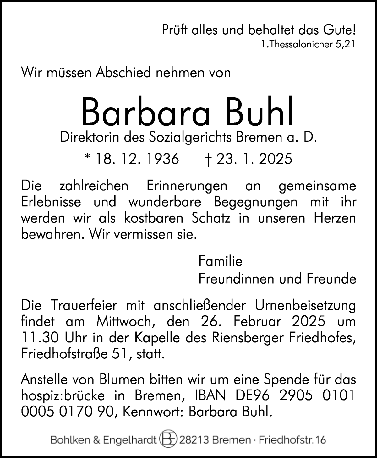 Traueranzeige von Barbara Buhl von WESER-KURIER