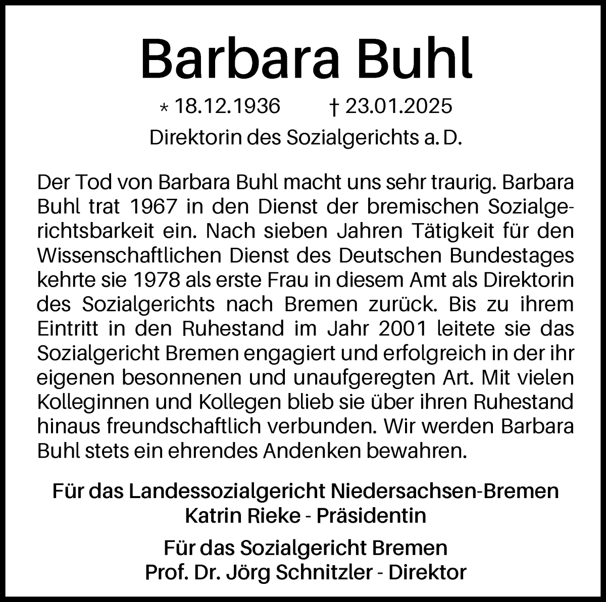 Traueranzeige von Barbara Buhl von WESER-KURIER