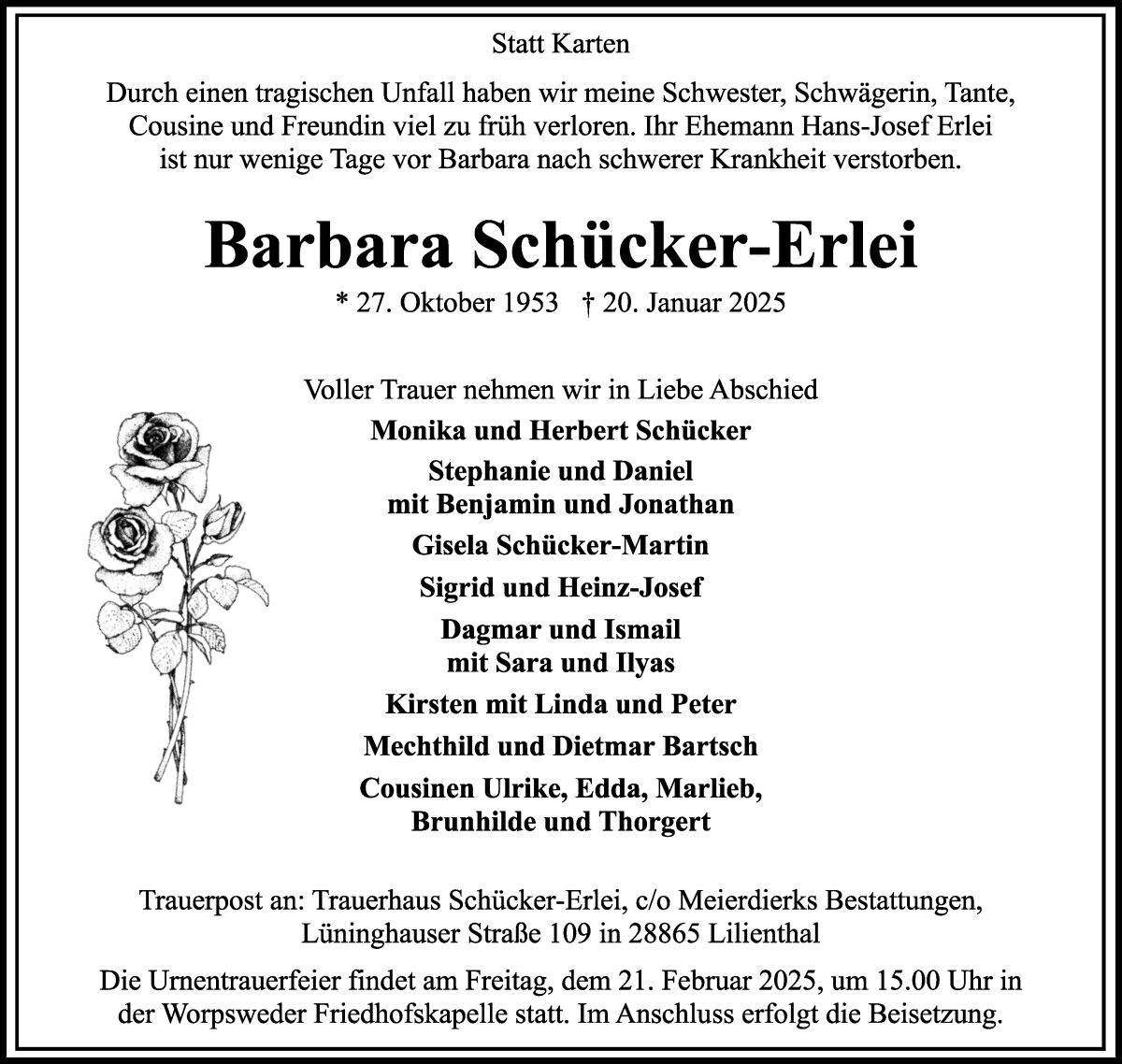 Traueranzeige von Barbara Schücker-Erlei von Wuemme Zeitung