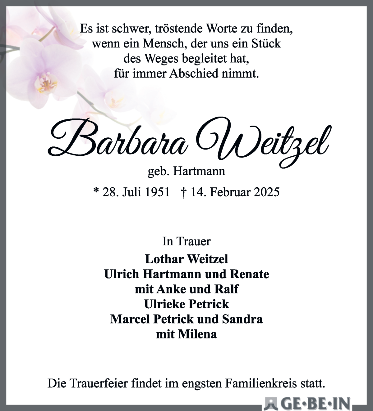 Traueranzeige von Barbara Weitzel von WESER-KURIER
