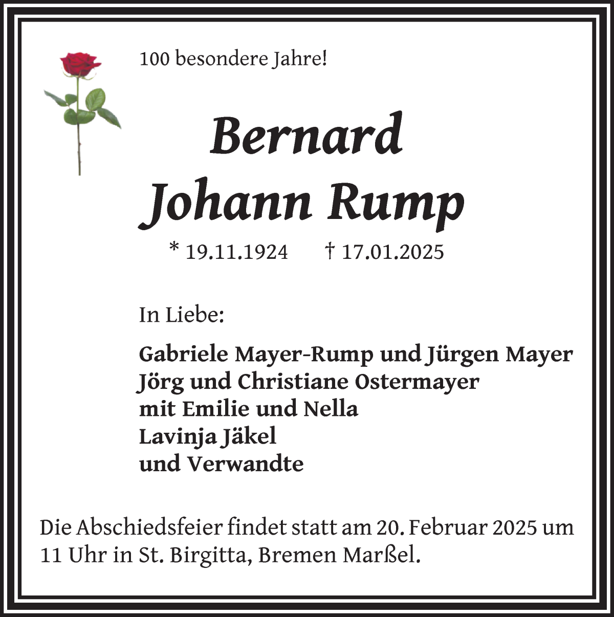 Traueranzeige von Bernard Johann Rump von Die Norddeutsche