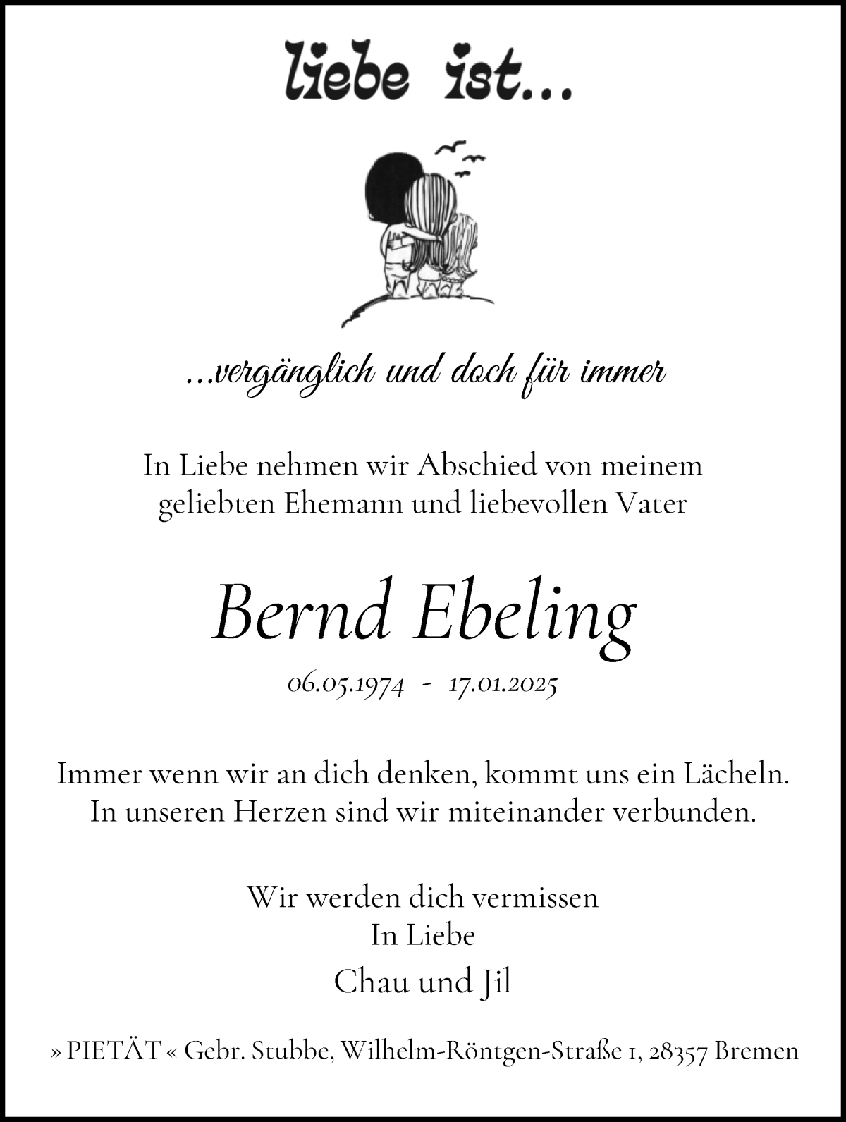 Traueranzeige von Bernd Ebeling von WESER-KURIER